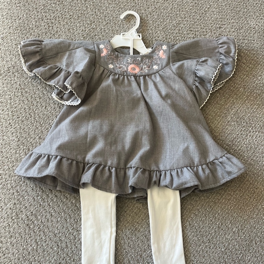 Gray Baby Dress with Floral Embroidery